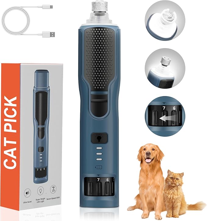 Dog Nail Grinder 7-Speed &amp; 360° LED Light, Professional Pet Nail Grinder for Dogs and Cats, Electric Dog Nail Trimmer Painless Paws Grooming &amp; Smoothing Tool for Large Medium Small Dogs Cats Pets