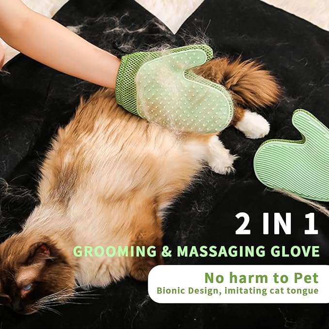 2 in 1 Pet Fur Glove &amp; Cat Hair Remover Glove, Dog Grooming Glove Brush for Shedding, Massage, Efficient Pet Hair Remover Mitt for Couch, Carpet [Green/Single]