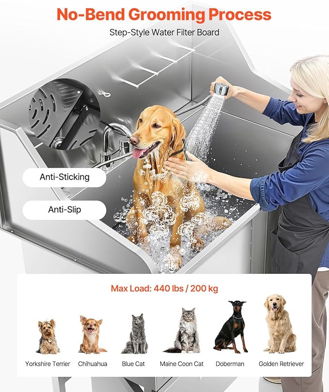 VEVOR Professional 304 Stainless Steel Dog Bathing Station, 50 inch Pet Grooming Tub w/Anti-Slip ramp, Storage Drawer, Cold Hot Faucet Showerhead, for Large &amp; Medium &amp; Small (Right Door, with Drawer)