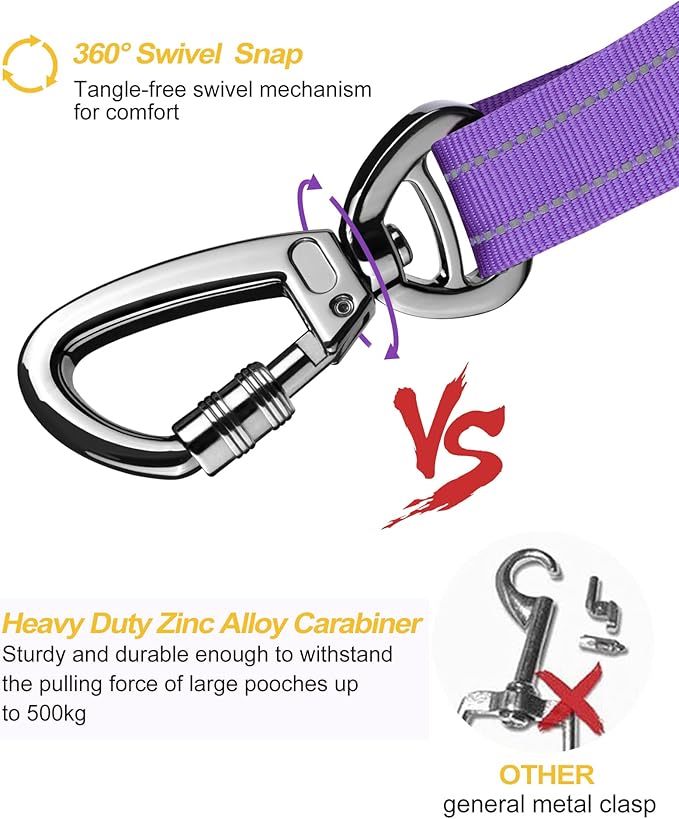 AUBELL Dog Seat Belt for Car,Updated 3-in-1 Adjustable Reflective Bungee Heavy Duty Dog Car Harness Tether with Clip Hook Latch &amp; Buckle,Swivel Zinc Alloy Carabiner,Purple