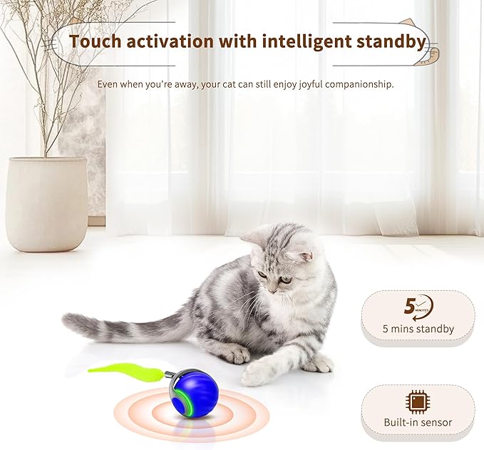 Speedy Tail 2.0 Interactive Cat Toy – Smart Self-Rolling Cat Ball with Feather Tail, Automatic Moving Motorized Toy for Indoor Cats, Chasing &amp; Hunting Fun (Blue)
