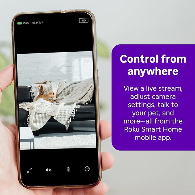 Roku Indoor Camera - Home Security - 1-Pack - Wired Security Camera &amp; Pet Monitor with 1080p HD Color Night Vision, Works with Alexa &amp; Google, Motion &amp; Sound Detection, WDR &amp; WiFi 6