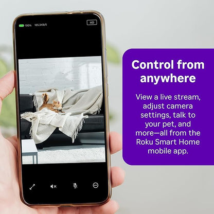 Roku Indoor Camera - Home Security - 1-Pack - Wired Security Camera &amp; Pet Monitor with 1080p HD Color Night Vision, Works with Alexa &amp; Google, Motion &amp; Sound Detection, WDR &amp; WiFi 6