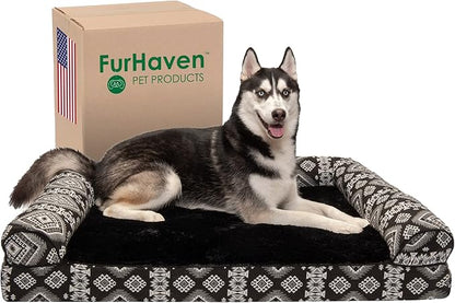 Furhaven Orthopedic Dog Bed for Large Dogs w/ Removable Bolsters &amp; Washable Cover, For Dogs Up to 95 lbs - Plush &amp; Southwest Kilim Woven Decor Sofa - Black Medallion, Jumbo/XL