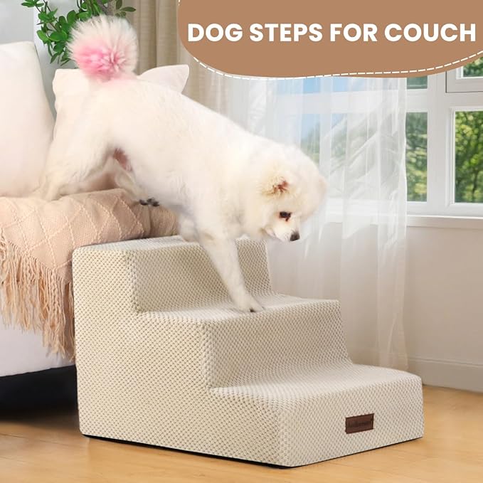 Dog Stairs for Small Dogs &amp; Cats, 3-Step Non-Slip Pet Steps for Couch Sofa and Chair, Beige, 13.6" H