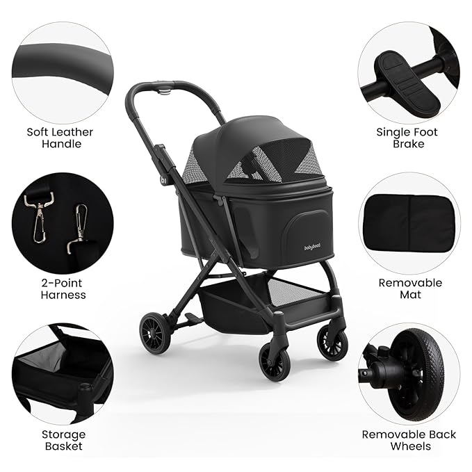 Lightweight Dog Stroller for Small Dogs &amp; Cats Portable Compact Folded Pet Stroller Up to 35lbs Medium Pets One Click Folding Large Cat Carriage with Convertible Canopy Storage Basket-Black
