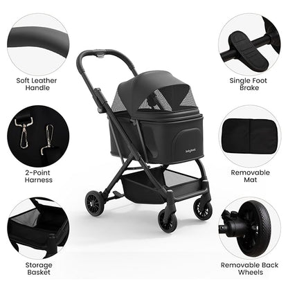 Lightweight Dog Stroller for Small Dogs &amp; Cats Portable Compact Folded Pet Stroller Up to 35lbs Medium Pets One Click Folding Large Cat Carriage with Convertible Canopy Storage Basket-Black