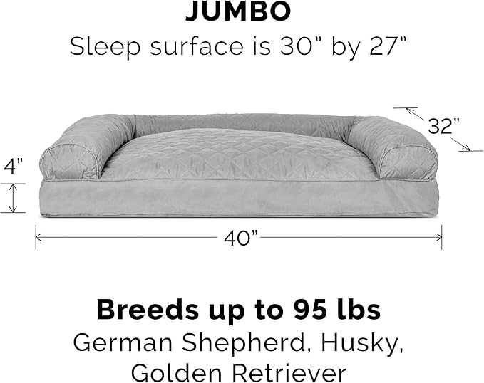 Furhaven Pillow Dog Bed for Large Dogs w/ Removable Bolsters &amp; Washable Cover - Quilted Sofa - Silver Gray, Jumbo/XL