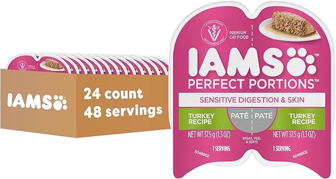 IAMS Perfect Portions Sensitive Digestion &amp; Skin Adult Wet Cat Food Pate, Turkey Recipe, 2.6 oz. Easy Peel Twin-Pack Trays (24 Count, 48 Servings)