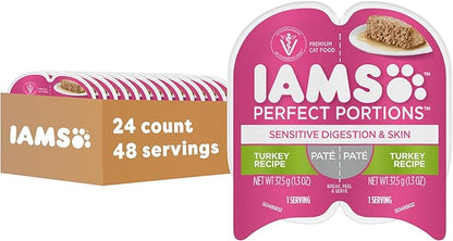 IAMS Perfect Portions Sensitive Digestion &amp; Skin Adult Wet Cat Food Pate, Turkey Recipe, 2.6 oz. Easy Peel Twin-Pack Trays (24 Count, 48 Servings)