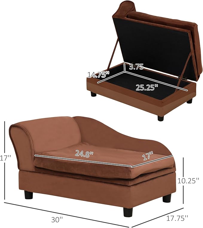 PawHut Luxury Fancy Dog Couch with Hidden Storage, Small Dog Sofa Bed with 2" Soft Foam, Modern Pet Furniture for Puppies &amp; Little Breeds, Brown