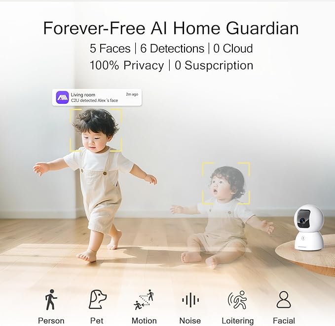 3K Pet/Dog Camera Indoor w/Phone App, No Monthly Fee 64GB Local Storage &amp; AI Tracking Face ID, 2.4/5GHz WiFi Cameras for Home Security Baby Monitor, Pan/Tilt, 2-Way Talk