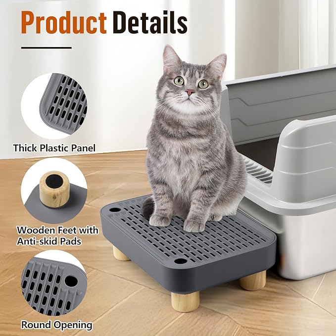 Cat Litter Box Step Ramp, Cat Litter Catcher Mat with Wooden Feet, Filter Function, Cat Pedal Stool for Self-Cleaning Cat Litter Box, Ideal for Kitten &amp; Elderly Cats (Dark Grey)