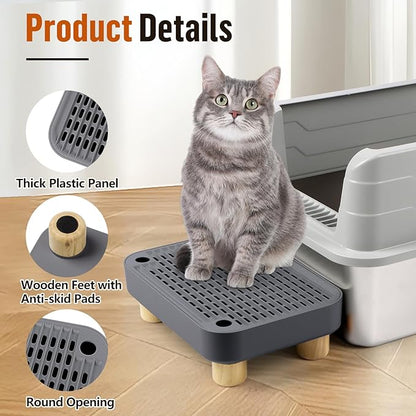 Cat Litter Box Step Ramp, Cat Litter Catcher Mat with Wooden Feet, Filter Function, Cat Pedal Stool for Self-Cleaning Cat Litter Box, Ideal for Kitten &amp; Elderly Cats (Dark Grey)