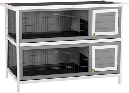 PawHut 54" 2-Story Large Rabbit Hutch Bunny Cage Wooden Pet House Small Animal Habitat with Lockable Doors, No Leak Tray and Waterproof Roof for Outdoor/Indoor Dark Grey