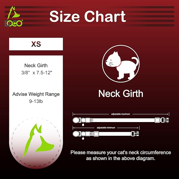 DOCO Cat Collar (Neck Girth - 3/8" x 7.5-12", Weight Upto - 13lb) Reflective Cat Collar with Bell, Breakaway Safety Buckle, Adjustable Nylon Strap for Kittens &amp; Adult Cats (Pink)