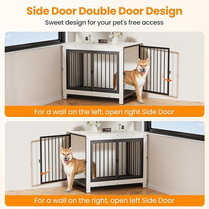 Dog Crate Furniture, Dog Crate End Table for Medium and Large Dogs,Wooden Cage Kennel Furniture Indoor, Modern Dog Crate with Multi-Purpose Removable Tray, Double-Doors Dog Furniture, White