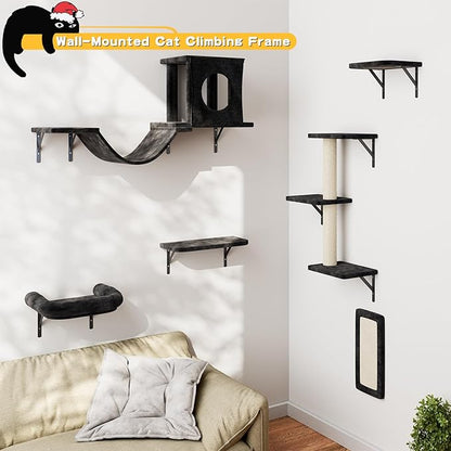 NUNU LAB Wall Mounted Cat Furniture, 6 Pcs Cat Wall Shelves with Condo House, Bridge, Steps, Scratcher, Hammock, Indoor Safe &amp; Stable Furniture for Kittens Play, Black