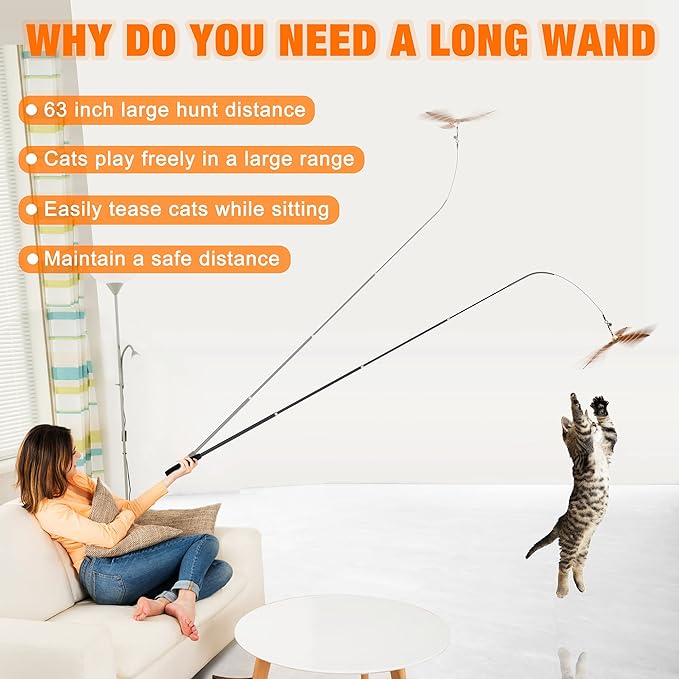 JXFUKAL 2025 Latest Cat Toys, 2 in 1 Spring Cat Wand Toy with 2PCS Ultra-Long Cat Teaser, 4PCS Spring Steel Wire &amp; 5PCS Feather Refills for Kitty Kitten Indoor Cats Accessories