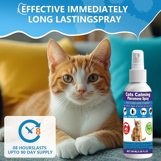 【𝐇𝐢𝐠𝐡𝐥𝐲 𝐄𝐟𝐟𝐞𝐜𝐭𝐢𝐯𝐞】Cat Calming Pheromone Spray for Stress &amp; Anxiety Relief – Reduces Scratching, Urine Spraying, Hiding – Drug-Free &amp; Vet Recommended – with F3 Facial Pheromone 6.76oz