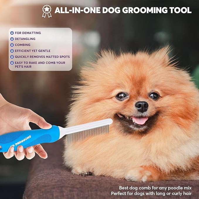 Detangling Pet Grooming Comb for Dogs &amp; Cats with Long &amp; Short Stainless Steel Metal Teeth for Removing Tangles and Knots - Dematting Brush to Detangle Matted Hair
