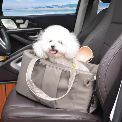2 and 1 Center Console Dog Car Seat &amp; Carrier for Small Dogs, Large Leather Dog Car Bed with Storage Pocket, Waterproof PVC Leather Seat Travel Bed for Front &amp; Back Seat, Clip-On Safety Leash