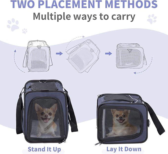 Petsfit Airline Approved Pet Carrier for Small Dogs &amp; Cats, 19x9x12 TSA Approved Carrier, with Removable Dual-Sided Padding (2-Way Placement) - Fits Under Most Airplane Seats, Escape Proof (Navy)