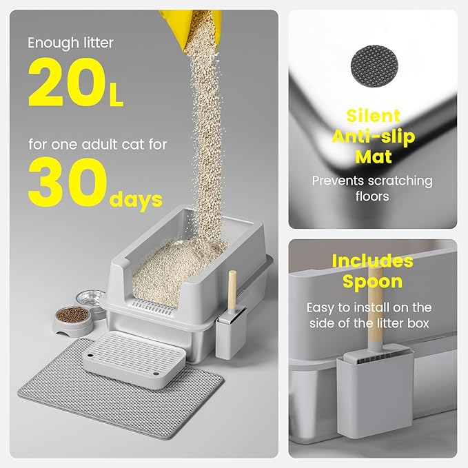 Stainless Steel Cat Litter Box - Enclosed XL Metal Kitty Litter Box with Lid for Big Cats, High Sided, Anti-Leakage, Easy Cleaning, Non-Sticky, Included Litter Mat, Cat Bowl &amp; Spoon