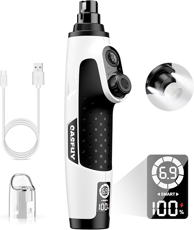 Casfuy Smart 6-Speed Dog Nail Grinder - 50% More Power Pet Nail Grinder with 2 LED Lights Quiet Rechargeable Electric Dog Nail Trimmers File Toenail Grinder for Large Medium Small Dogs &amp; Cats (White)