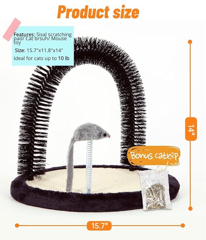 Happi N Pets Cat Self Groomer, Arch Grooming Brush wtih Heavy Duty Woven Sisal Pad, Rubbing Post &amp; Catnip Toy, Cat Face Scratchers Body Massager, Cat Scratchers for Indoor Cats, Black