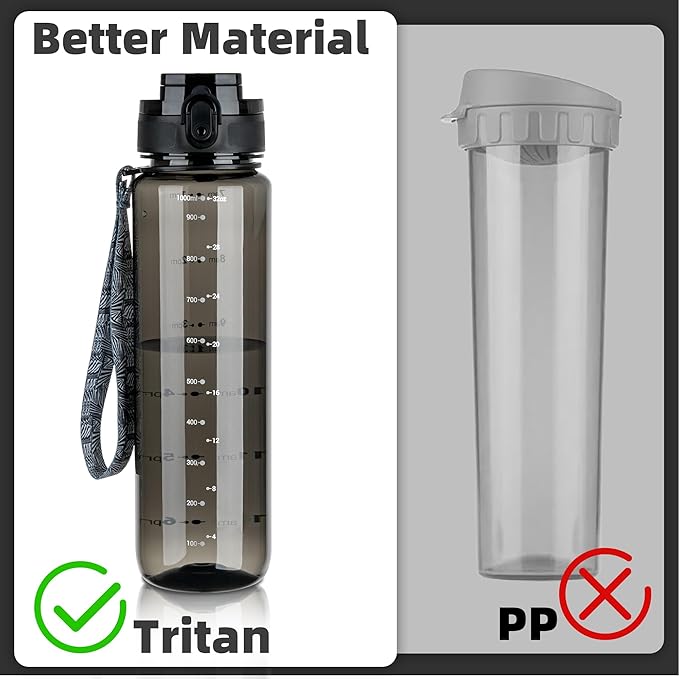 OLDLEY 32 oz Water Bottle, Motivational Water Bottle with Time Marker, Sports Water Bottle With Strap, Leakproof &amp; BPA Free Large Water Bottles for School, Gym, Travel,Tritan, Transparent Black