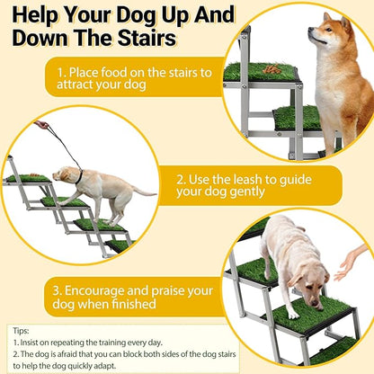 Extra Wide Dog Stairs for Car, Portable Folding Dog Steps for Large Dogs with Non-Slip Grass Rug for Cars, SUV, Trucks, Lightweight Pet Ramps Supports Up to 200 lb, 5 Steps