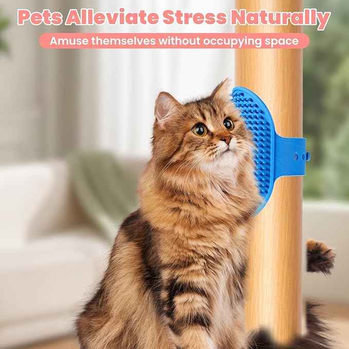 4Pcs Silicone Cat Grooming Brush Set, Multi-Functional Cat Self Groomer for Indoor Cats, Wall Mounted Face Scratchers, Grooming Strap Pad for Sofa &amp; Chair Legs (Blue, Red)