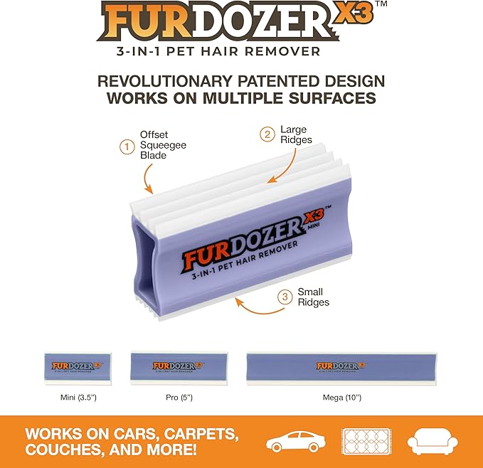 FurDozer X3 MINI Pet Hair Remover &amp; Auto Detailing Tool - Cat &amp; Dog Hair Remover for Carpet, Car Interior, Couch, Bedding, &amp; Furniture - Reusable Pet Hair Removal Tool for Dog Fur &amp; Lint, 3.5", Purple