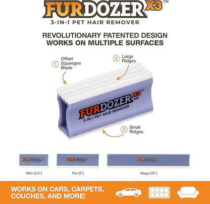 FurDozer X3 MINI Pet Hair Remover &amp; Auto Detailing Tool - Cat &amp; Dog Hair Remover for Carpet, Car Interior, Couch, Bedding, &amp; Furniture - Reusable Pet Hair Removal Tool for Dog Fur &amp; Lint, 3.5", Purple
