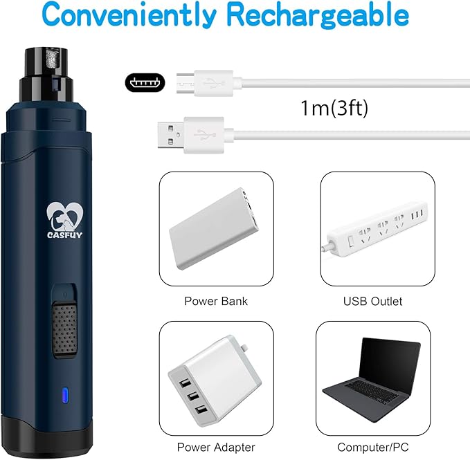 Casfuy Dog Nail Grinder Upgraded - Professional 2-Speed Electric Rechargeable Pet Nail Trimmer Painless Paws Grooming &amp; Smoothing for Small Medium Large Dogs &amp; Cats(Dark Blue)