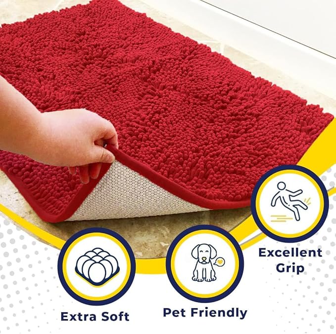 Muddy Mat® Pack of 3 Highly Absorbent Microfiber Dog Door Mat and Pet Rug, Non Slip Thick Washable Area Mat Soft Chenille for Kitchen Bathroom Bedroom and Outdoor - Red Small, Medium &amp; Large