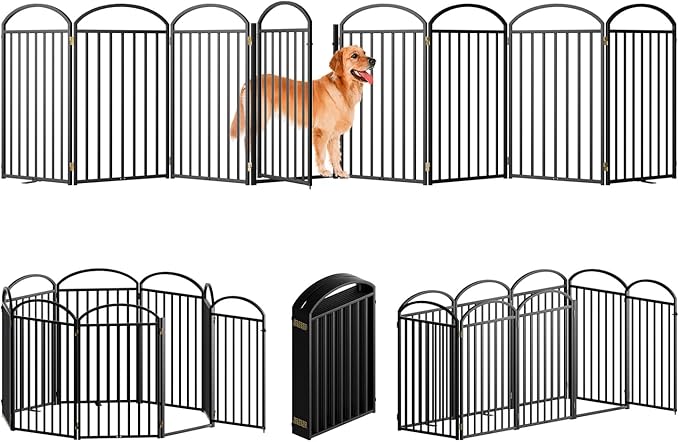 8 Panles Full Matel Freestanding Dog Gates with Door, 192"Extra Wide 36"Tall Free Standing Dog Pet Gate for Indoor &amp; Outdoor. Foldable Pet Fences for Doorways, House, Stairs, Porch, Deck, Yard