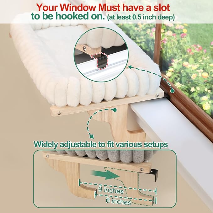 Cat Perch for Window Sill with 4-Sided Bolster - Orthopedic Cat Window Hammock - Solid Hardwood &amp; Metal Frame - Window Seat for Pets (Natural Color Wood w/Gray Bed, Medium)