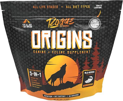 Origins 5-in-1 Dog Supplement - Powdered Food Topper w/Natural Omega 3 Fish Oil - Supports Healthy Digestion, Skin, and Coat - Helps Reduce Itching &amp; Joint Inflammation (5 lbs)