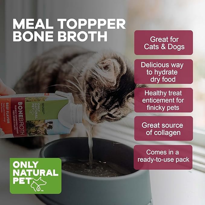 Only Natural Pet Bone Broth Beef Flavor Dog &amp; Cat Meal Topper, 100% Human-Grade Slow-Simmered, Free-Range for Dry Food or to Hydrate Dehydrated Food - (12-Pack / 11.16 oz Each)