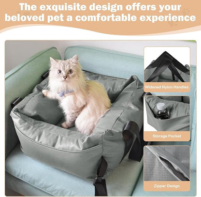 Dog Car Seat for Small Dogs, Large Leather Dog Car Bed with Storage Pocket, Waterproof PVC Leather Booster Seat Travel Bed for Front &amp; Back Seat, Clip-On Safety Leash (Grey)