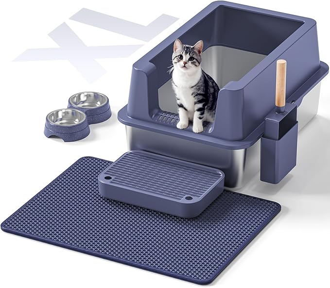 Stainless Steel Cat Litter Box - Enclosed XL Metal Kitty Litter Box with Lid for Big Cats, High Sided, Anti-Leakage, Easy Cleaning, Non-Sticky, Included Litter Mat, Cat Bowl &amp; Spoon
