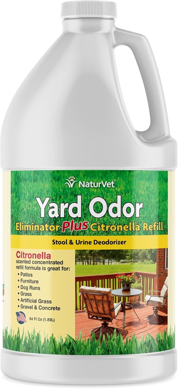 NaturVet – Yard Odor Eliminator Plus Citronella Spray – Eliminate Stool and Urine Odors from Lawn and Yard – Designed for Use on Grass, Patios, Gravel, Concrete &amp; More – 64oz Refill (No Hose Nozzle)
