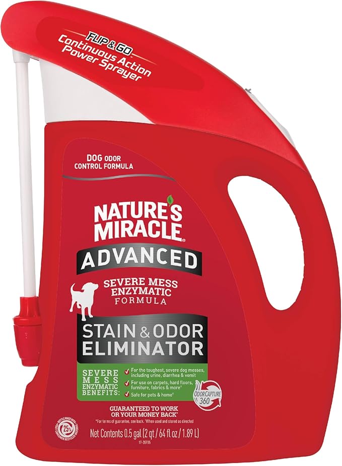 Nature’s Miracle Advanced Stain &amp; Odor Eliminator For Dogs With Flip &amp; Go Sprayer, 64 Ounces, Enzymatic Formula For Severe Dog Messes Including Urine, Feces, Diarrhea And Vomit Stains And Odors