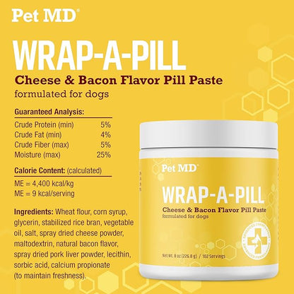 Pet MD Wrap A Pill Cheese &amp; Bacon Flavor Pill Paste for Dogs - Make a Pocket or Pouch to Hide Pills &amp; Medication - 8 oz