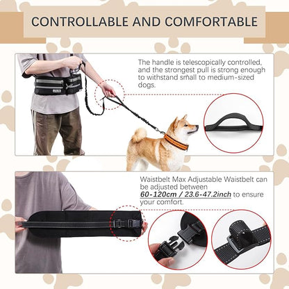 Hands-Free Waist Leash with Pouch for Two Dogs: Reflective Stitching, Dual Handle &amp; Bungee Retractable Design – Ideal for Medium to Large Dogs (Grey) – Dog Walking Accessories