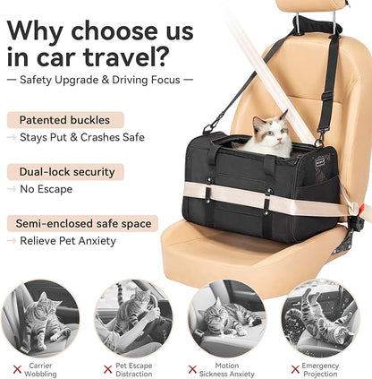 PETSFIT Soft-Sided Cat Carriers &amp; Car Seats with Patent Safe Buckles, Clip-On Harness, 18"x11"x11" Airline Approved Pet Carrier - 9 lbs Capacity (Black)