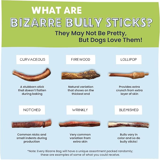 Pawstruck Natural Bizarre Bully Sticks Bargain Bag for Dogs &amp; Puppies - Variety Pack of 8-12" Long Lasting Eco-Conscious Beef Chew Treats - 1 lb. Bag - Packaging May Vary