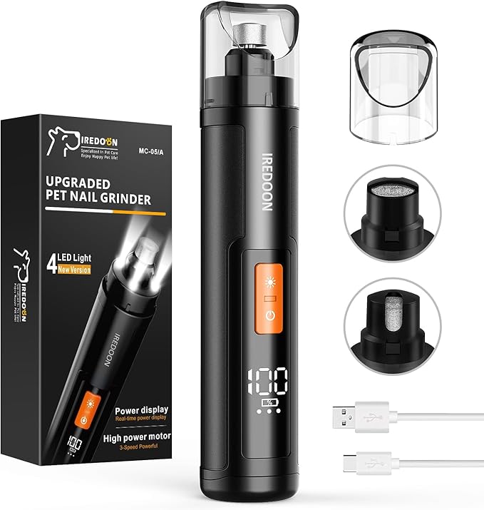 Dog Nail Grinder Upgraded - Professional 3-Speed Super Quiet and Low Vibration Electric Pet Nail Grinder with 4 LED Lights - Painless Paws Grooming &amp; Smoothing for Small to Large Dogs (Black)